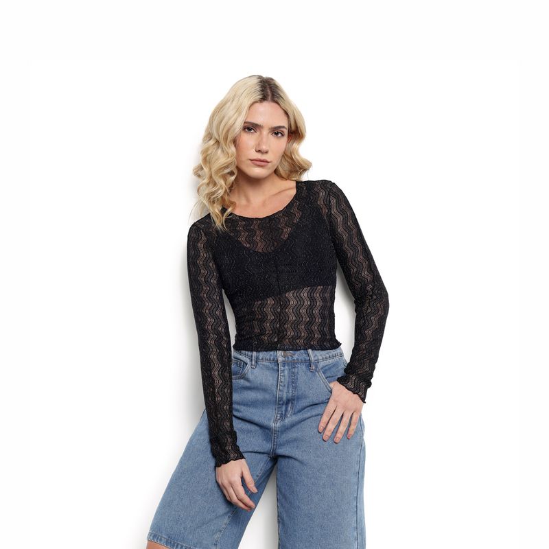 DENIMLAB - Camiseta Mujer con transparencia Manga larga Denimlab