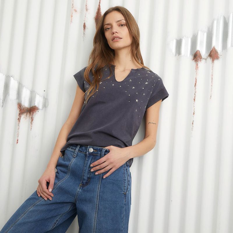 DENIMLAB - Camiseta Mujer con Taches Manga corta de Algodón Denimlab