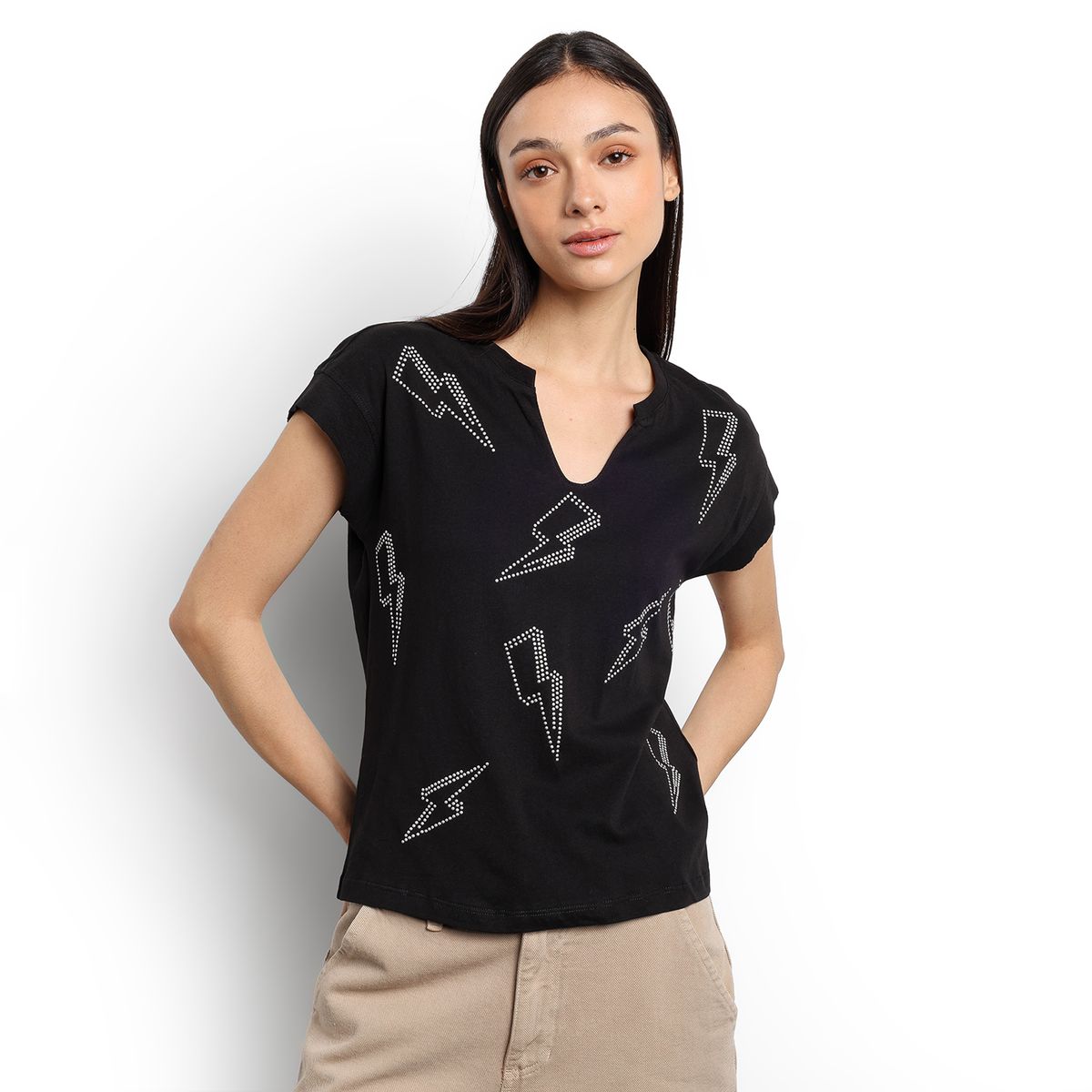 DENIMLAB - Camiseta Mujer con Taches Manga corta de Algodón Denimlab