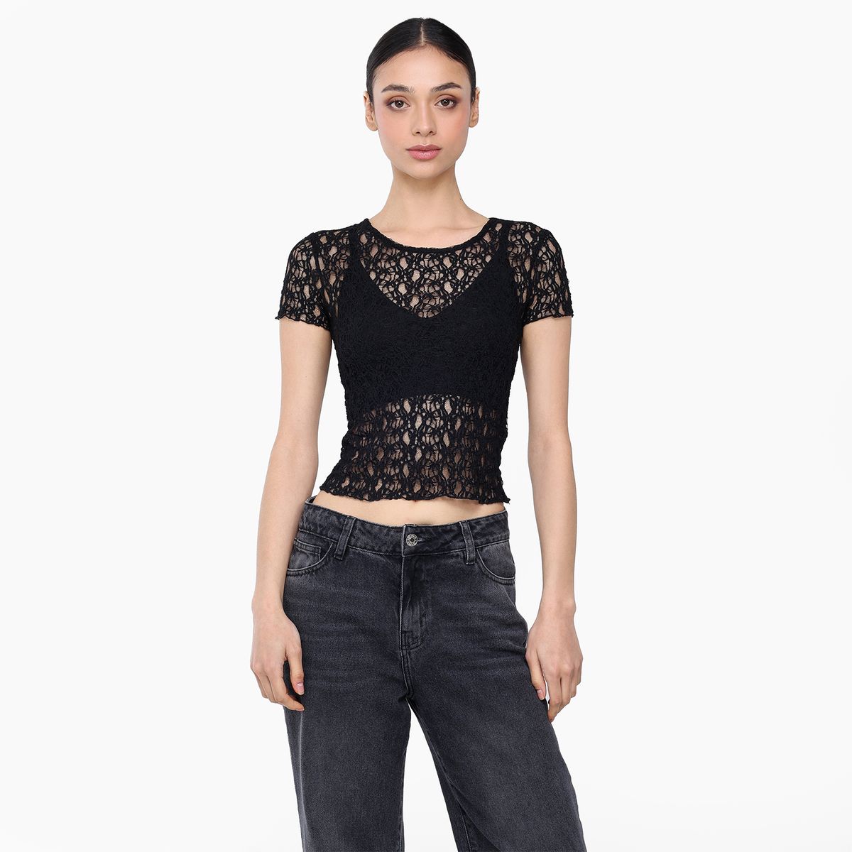 MOSSIMO - Blusa Mujer con Encaje Manga corta Mossimo