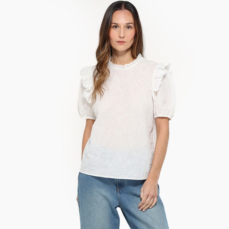 NEWPORT - Blusa Mujer con Bordado Manga corta globo de Algodón Newport