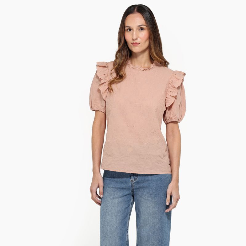 NEWPORT - Blusa Mujer con Bordado Manga corta globo de Algodón Newport