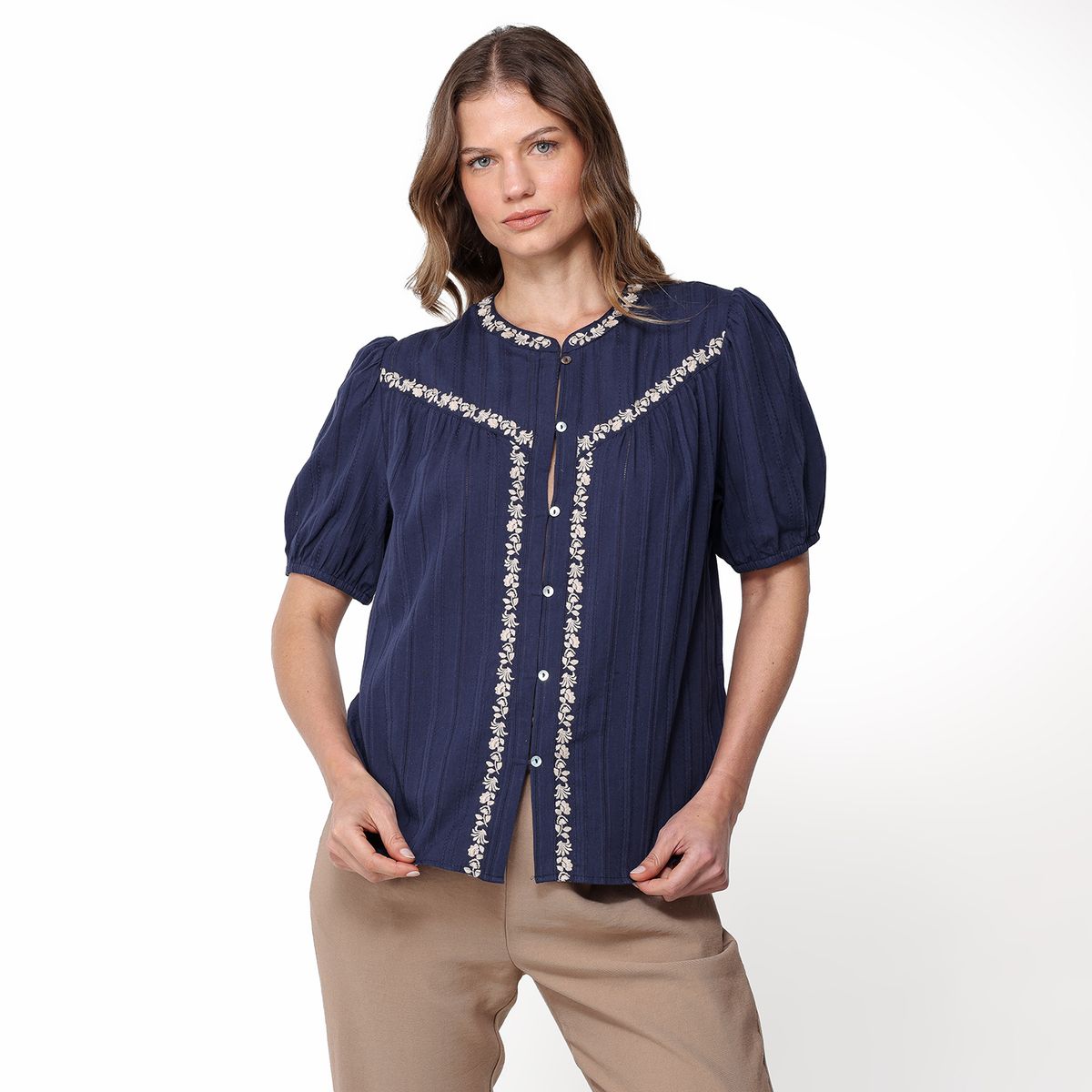 NEWPORT - Blusa Mujer Con Bordado Manga corta de Algodón Newport