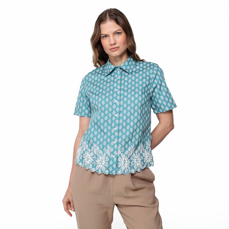 NEWPORT - Camisa Mujer con Bordado Manga corta de Algodón Newport
