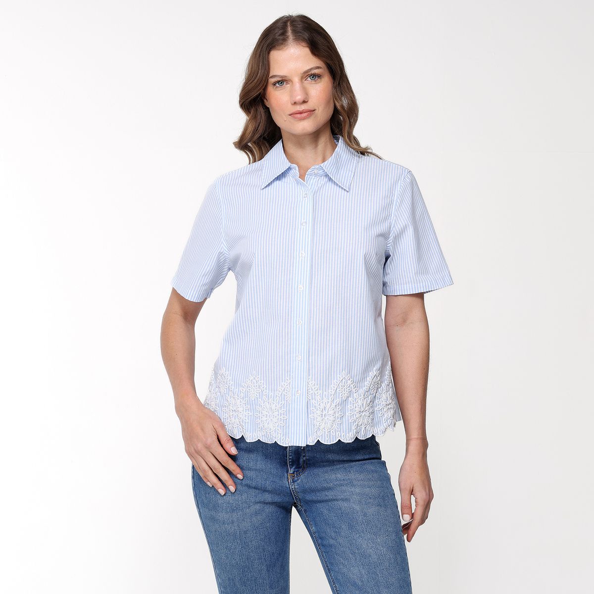 NEWPORT - Camisa Mujer con Bordado Manga corta de Algodón Newport