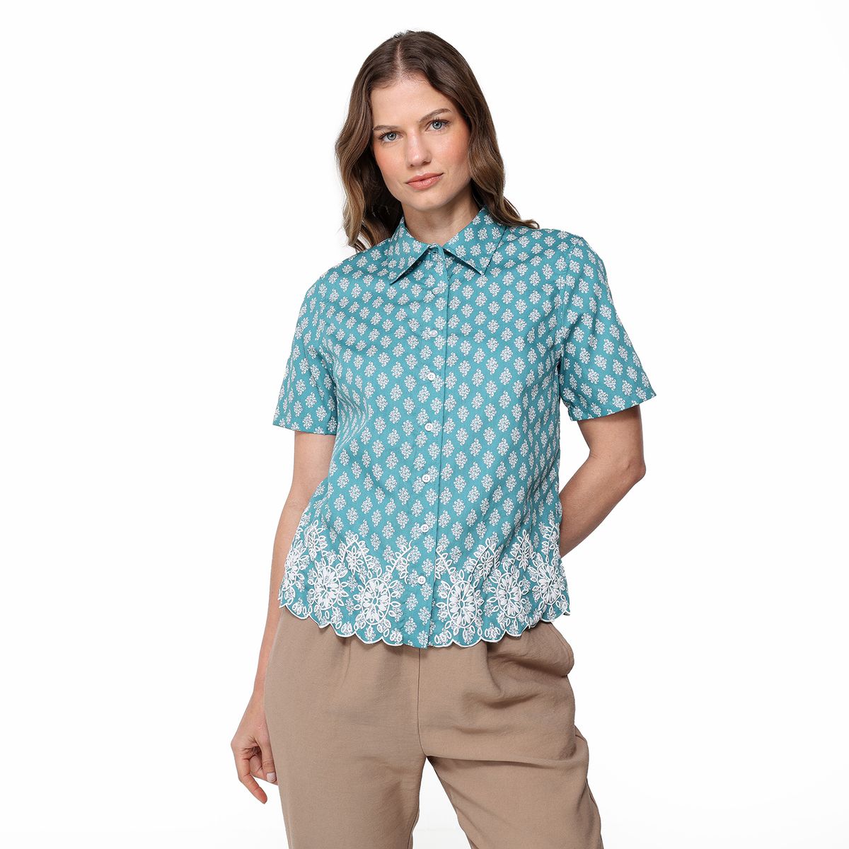 NEWPORT - Camisa Mujer con Bordado Manga corta de Algodón Newport