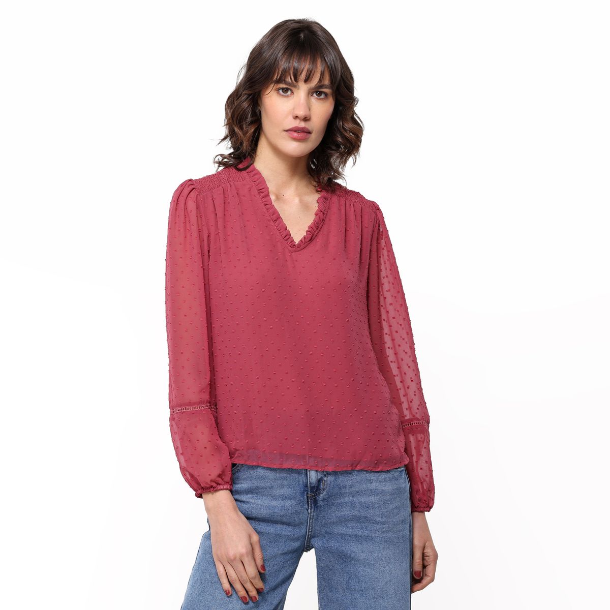 UNIVERSITY CLUB - Blusa Mujer con Bordado Manga larga globo University Club