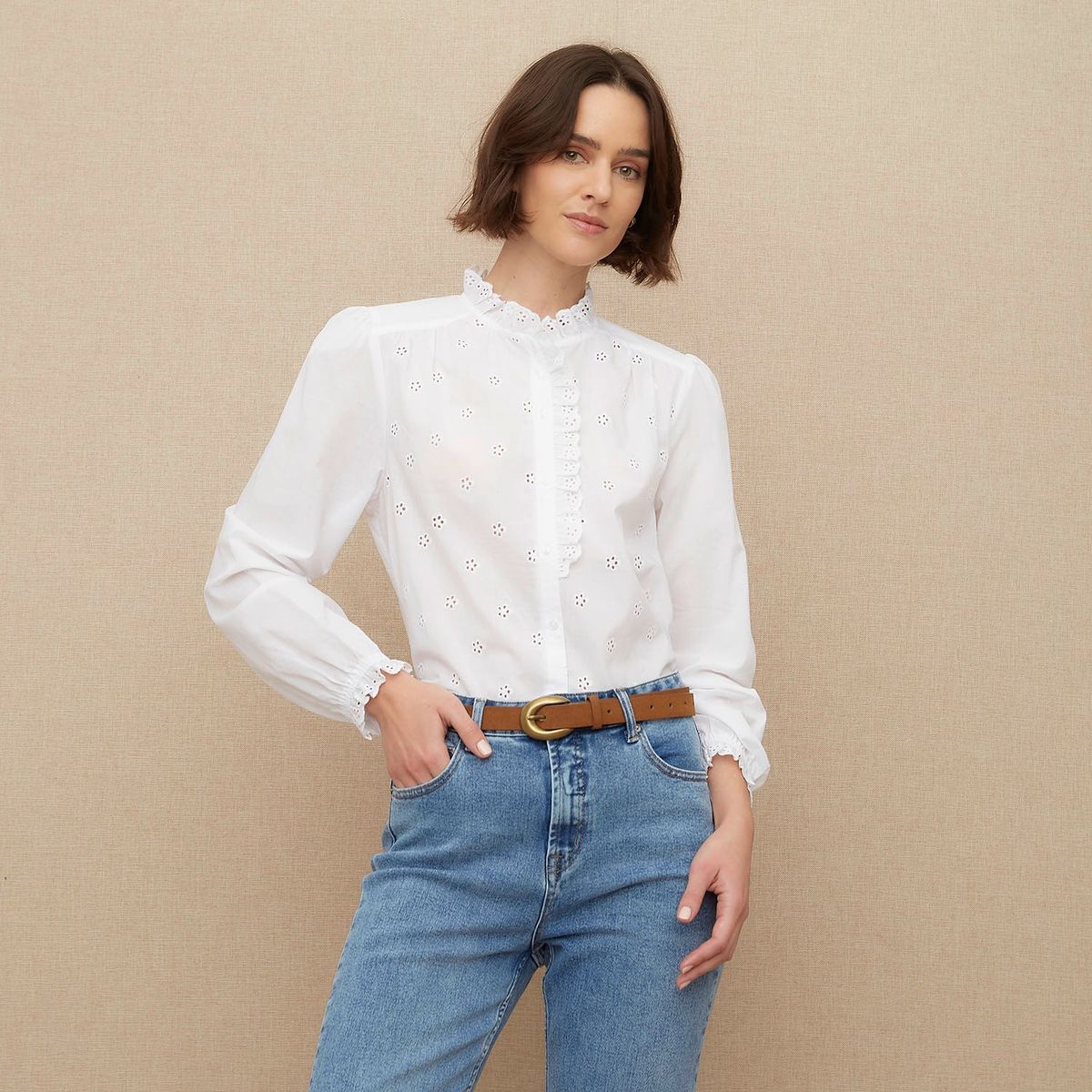 UNIVERSITY CLUB - Blusa Mujer con Bordado Manga larga globo de Algodón University Club