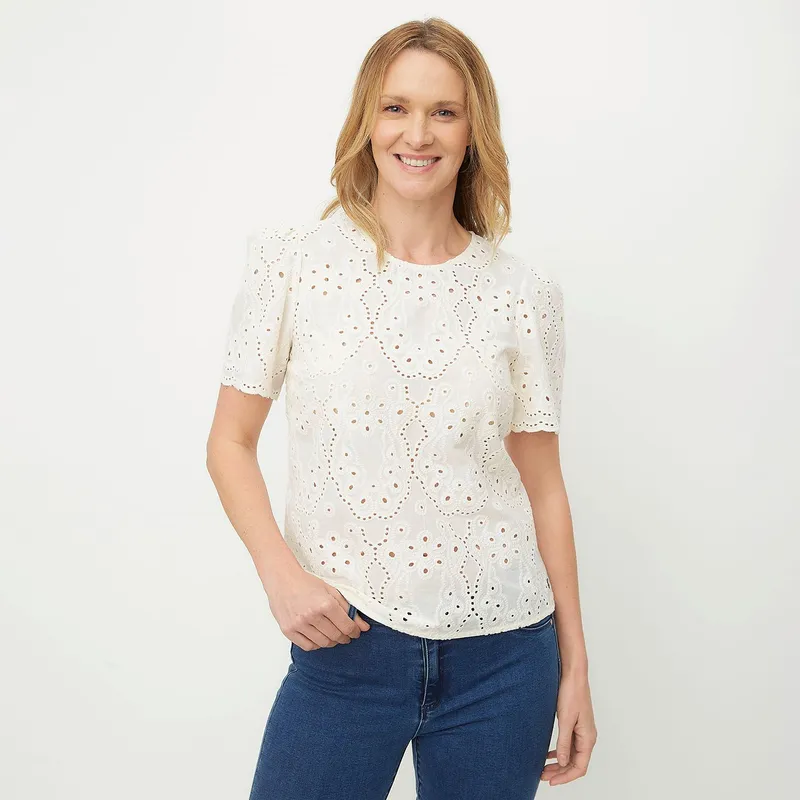 NEWPORT - Camiseta Mujer con Ojalillo Manga corta de Algodón Newport