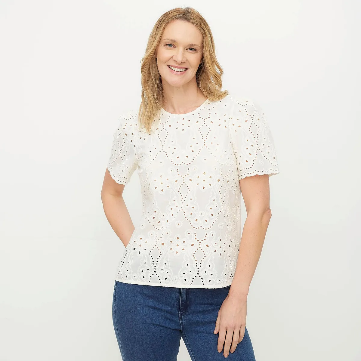 NEWPORT - Camiseta Mujer con Ojalillo Manga corta de Algodón Newport