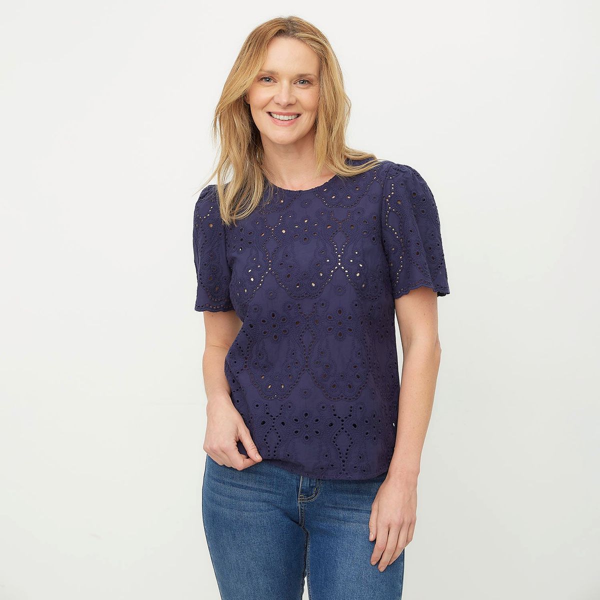 NEWPORT - Camiseta Mujer con Ojalillo Manga corta de Algodón Newport