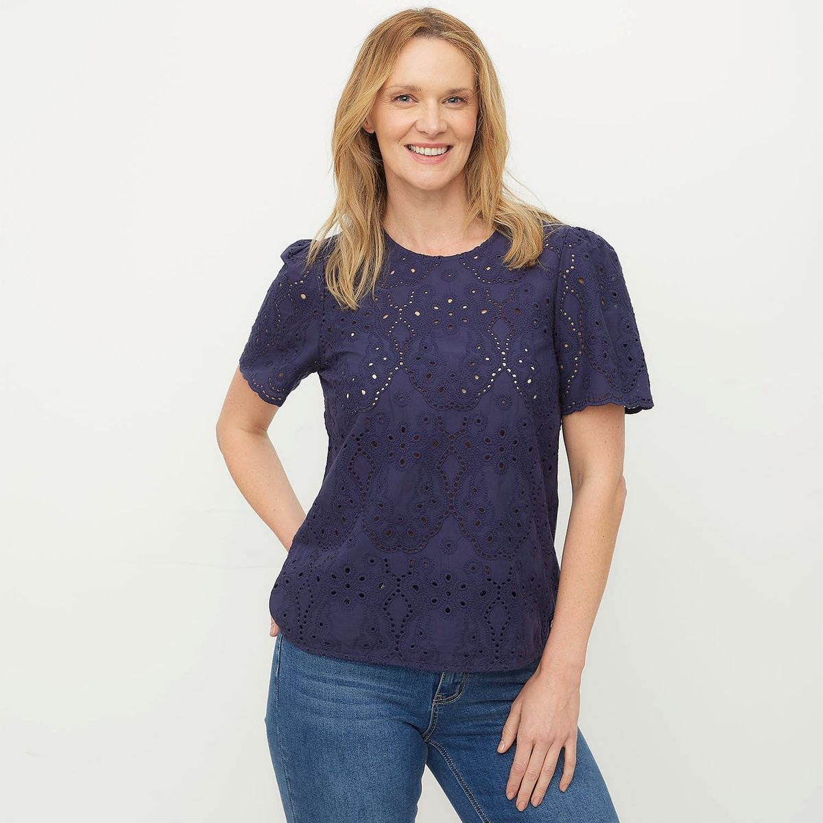 NEWPORT - Camiseta Mujer con Ojalillo Manga corta de Algodón Newport