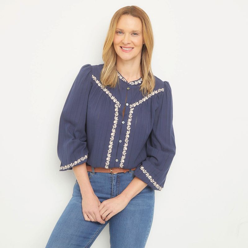 NEWPORT - Blusa Mujer con Bordado Manga larga globo de Algodón Newport