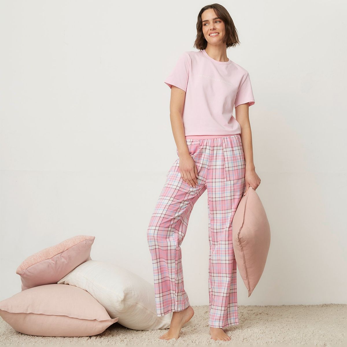 BENETTON - Pijama completa con pantalón Mujer Largo Manga corta de Algodón Benetton