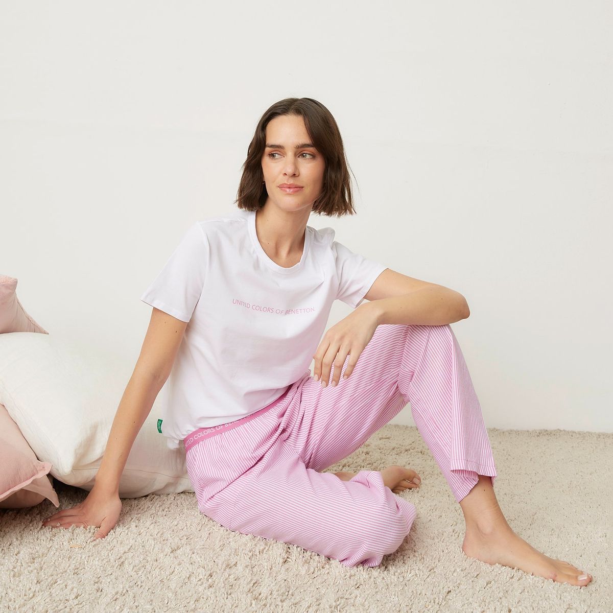 BENETTON - Pijama completa con pantalón Mujer Largo Manga corta de Algodón Benetton