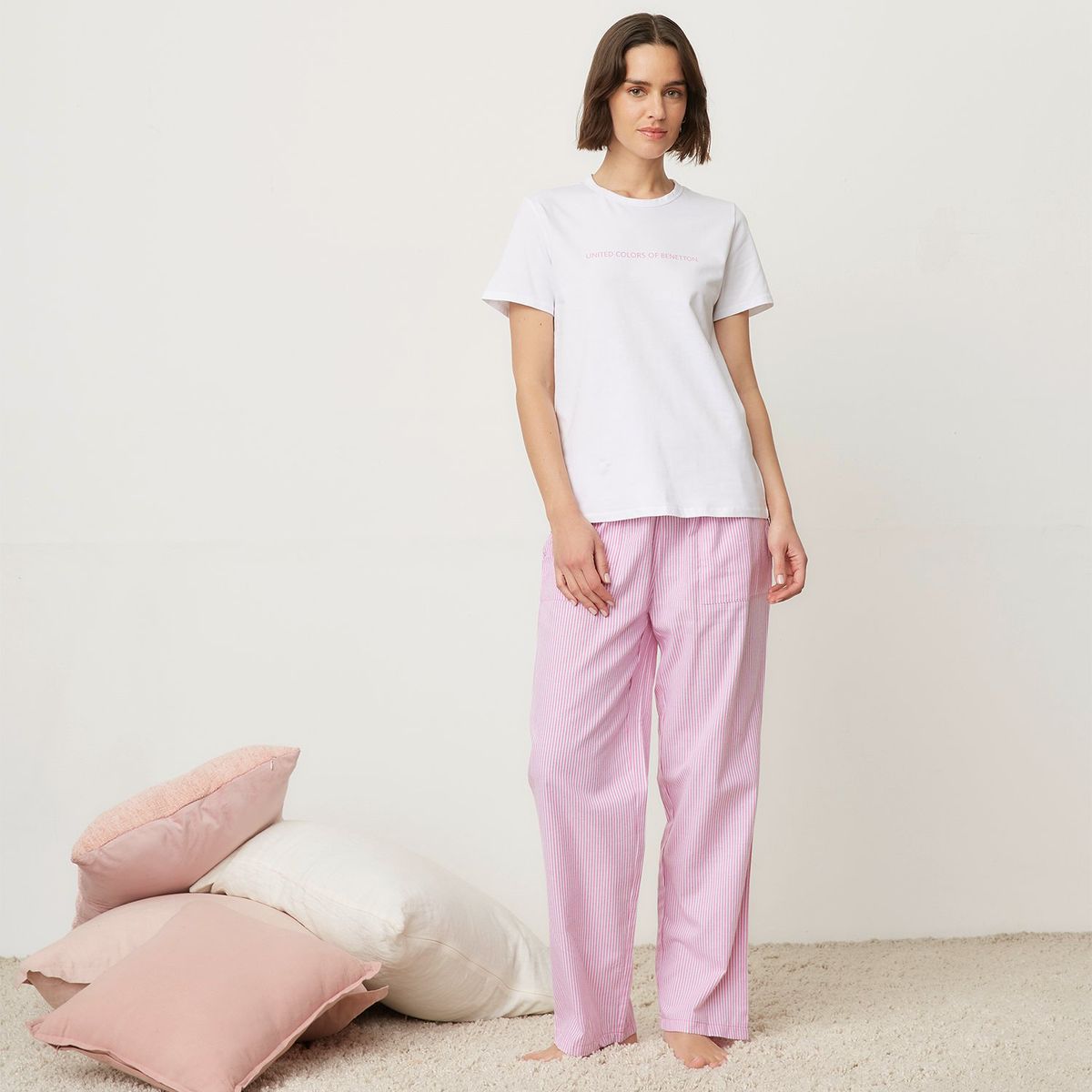 BENETTON - Pijama completa con pantalón Mujer Largo Manga corta de Algodón Benetton
