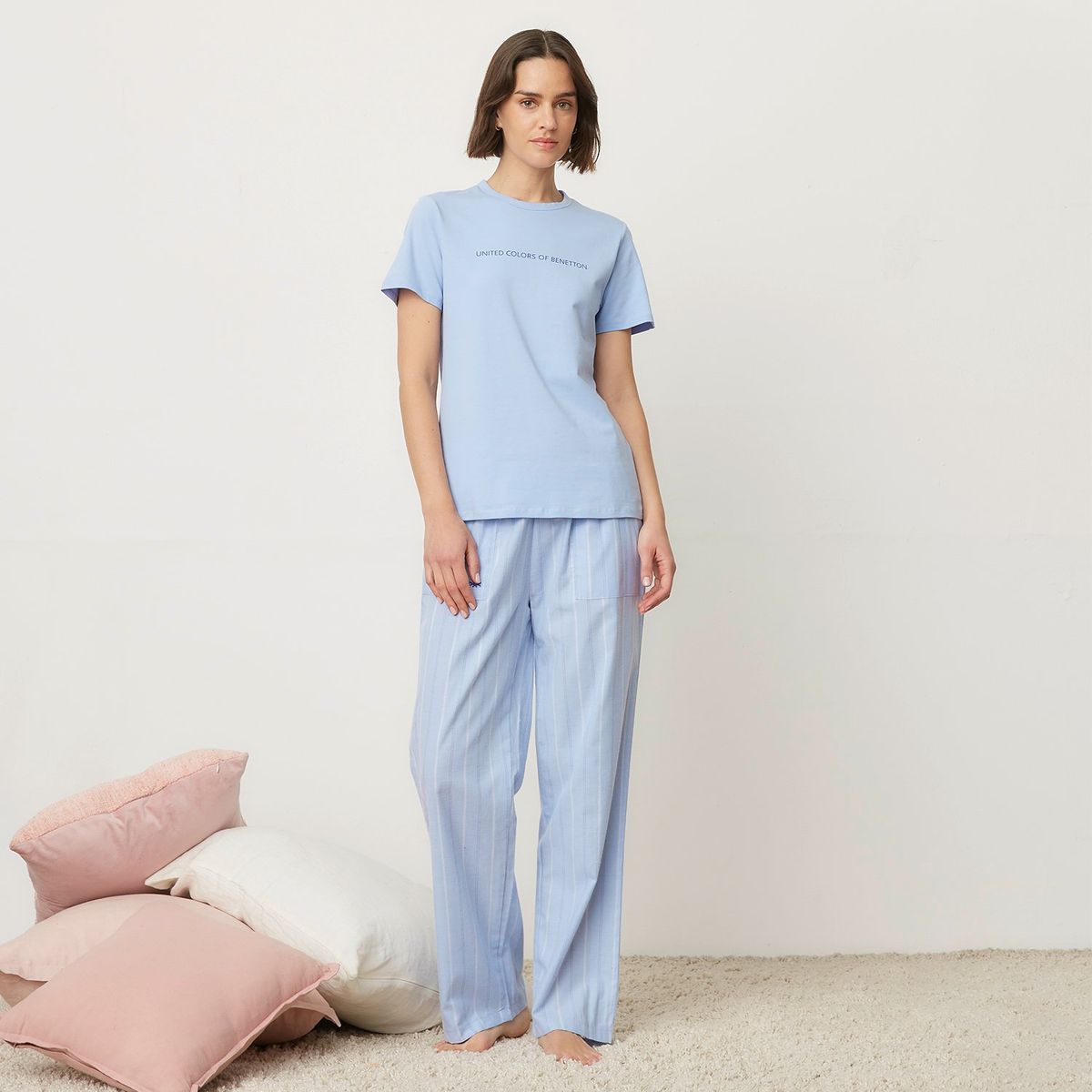 BENETTON - Pijama completa con pantalón Mujer Largo Manga corta de Algodón Benetton