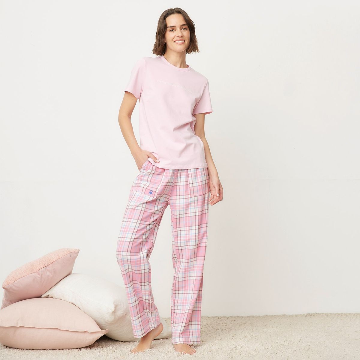 BENETTON - Pijama completa con pantalón Mujer Largo Manga corta de Algodón Benetton