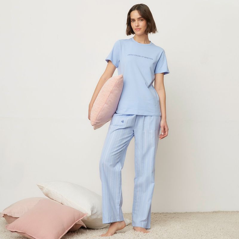BENETTON - Pijama completa con pantalón Mujer Largo Manga corta de Algodón Benetton