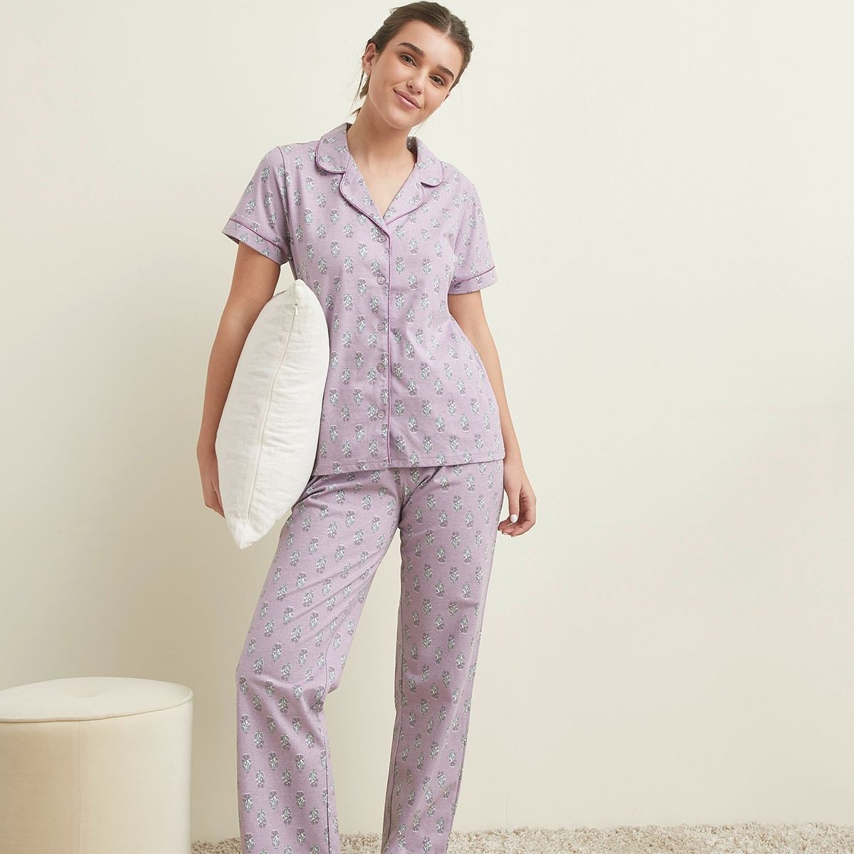 SYBILLA - Pijama completa con pantalón Mujer Largo Manga corta de Algodón Sybilla