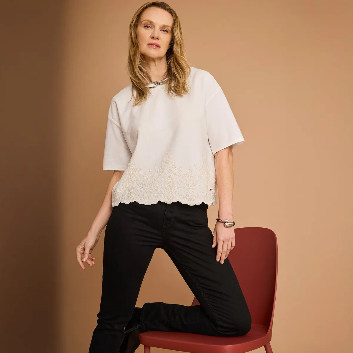 SOUTHLAND - Camisa Mujer Bordado Manga corta de Algodón Southland