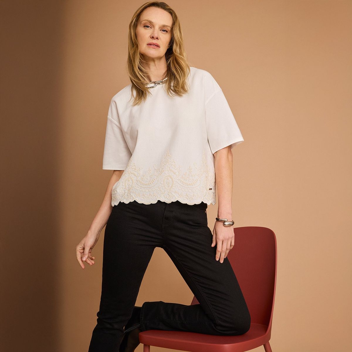 SOUTHLAND - Camisa Mujer Bordado Manga corta de Algodón Southland