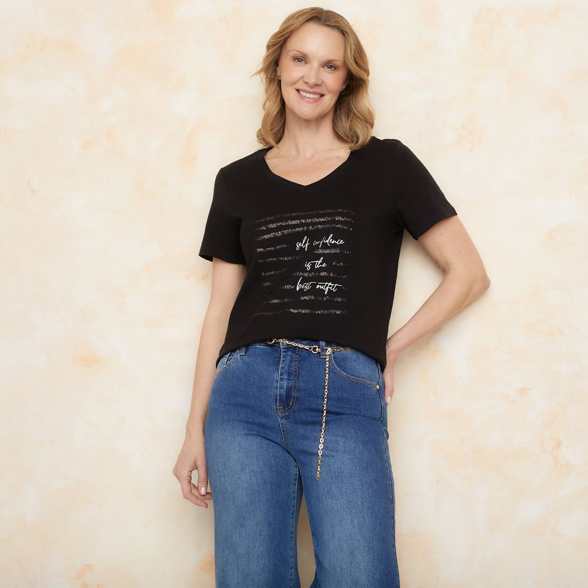 SOUTHLAND - Camiseta Mujer con Lentejuelas Manga corta de Algodón Southland