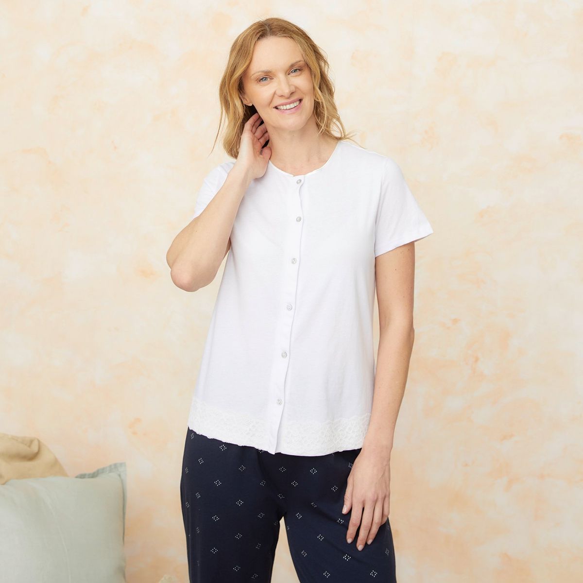 SOUTHLAND - Pijama Completa con pantalón para Mujer Manga corta de Rombos de Algodón Southland