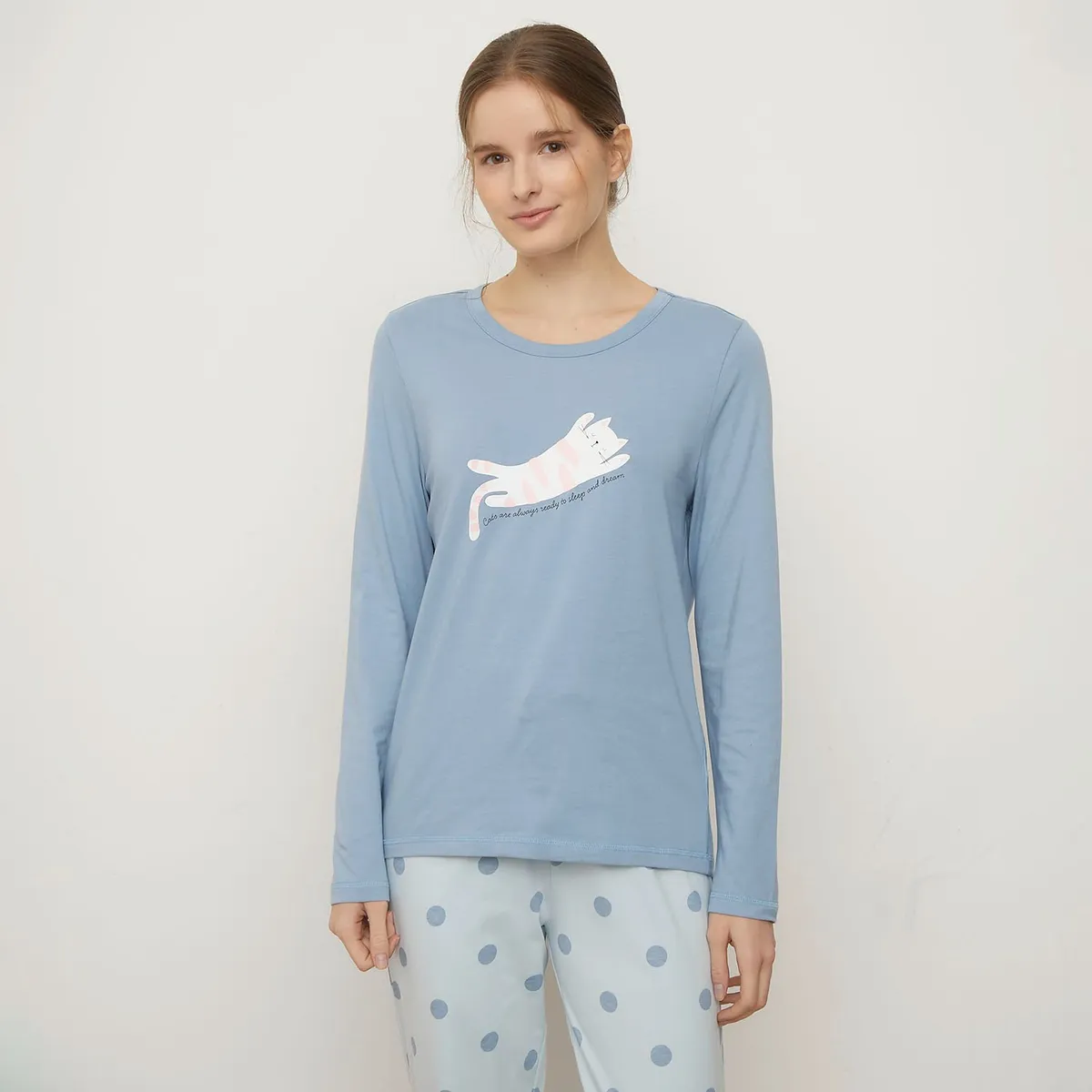 SYBILLA - Camiseta de pijama Mujer Corto Manga larga de Algodón Sybilla