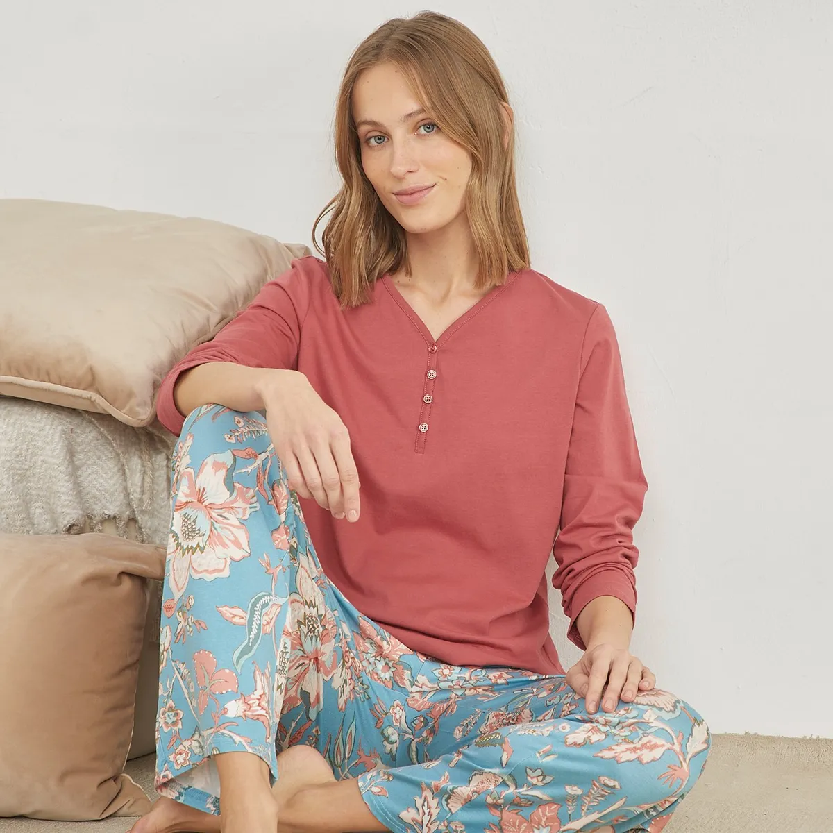 BLU - Camiseta de pijama Mujer Corto Manga larga de Algodón Blu
