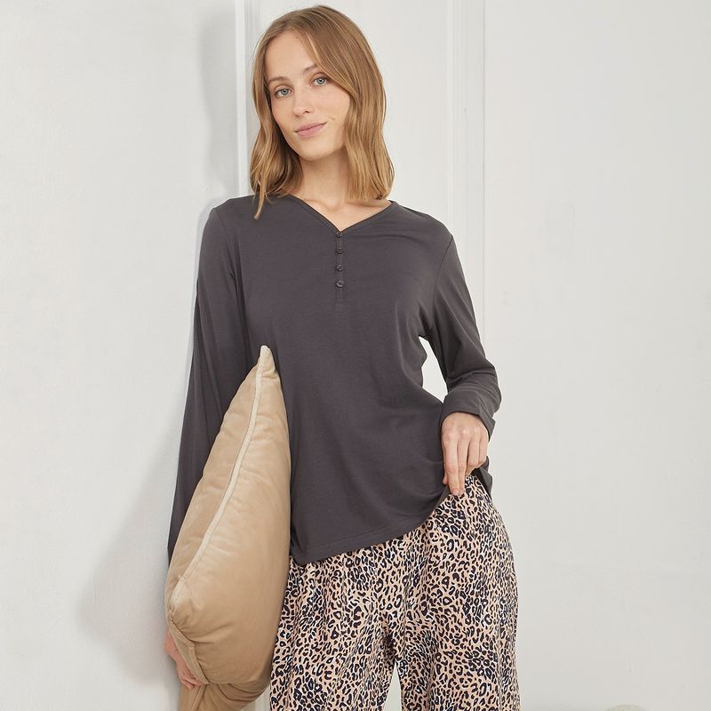 BLU - Camiseta de pijama Mujer Corto Manga larga de Algodón Blu