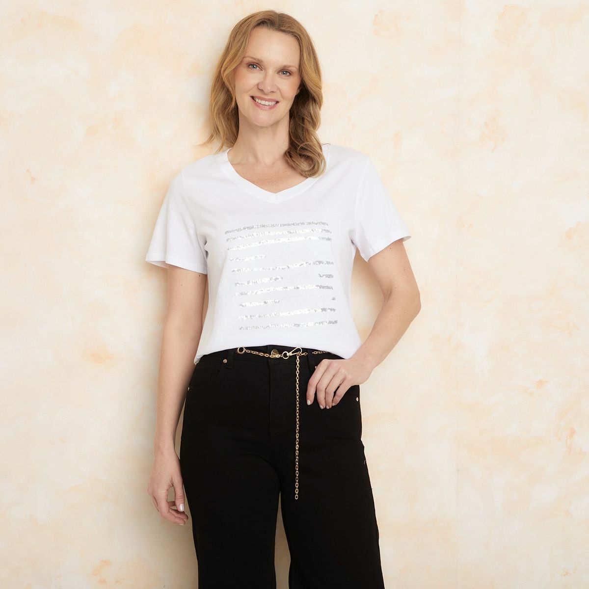 SOUTHLAND - Camiseta Mujer con Lentejuelas Manga corta de Algodón Southland