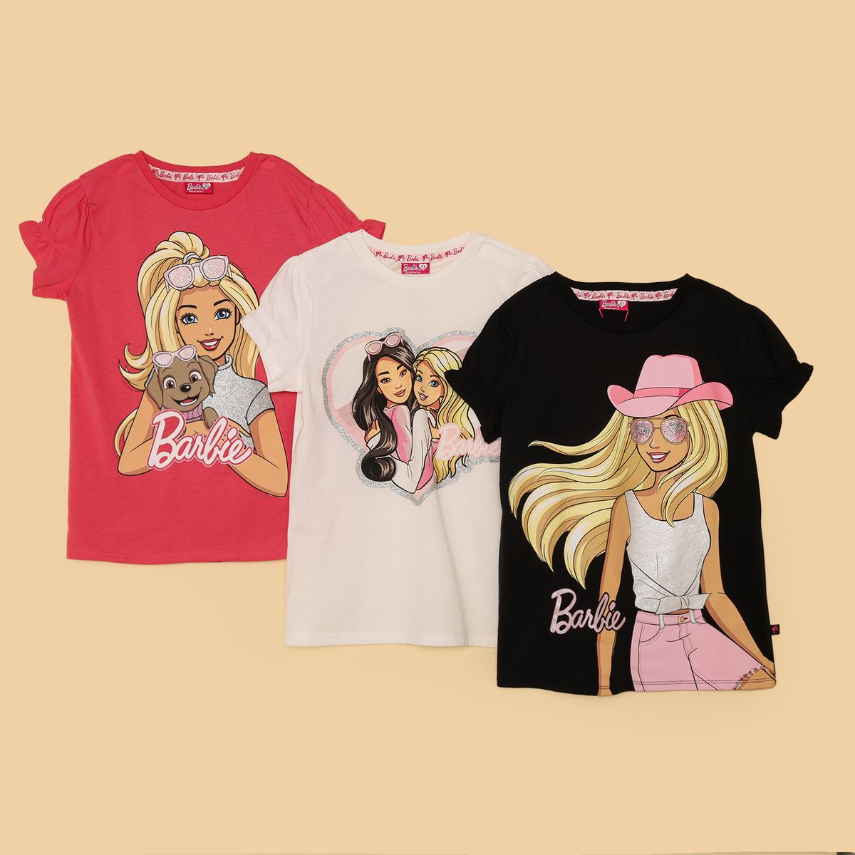 BARBIE - Camisetas Niña Pack de 3 unidades con Estampado Manga corta Algodón Barbie
