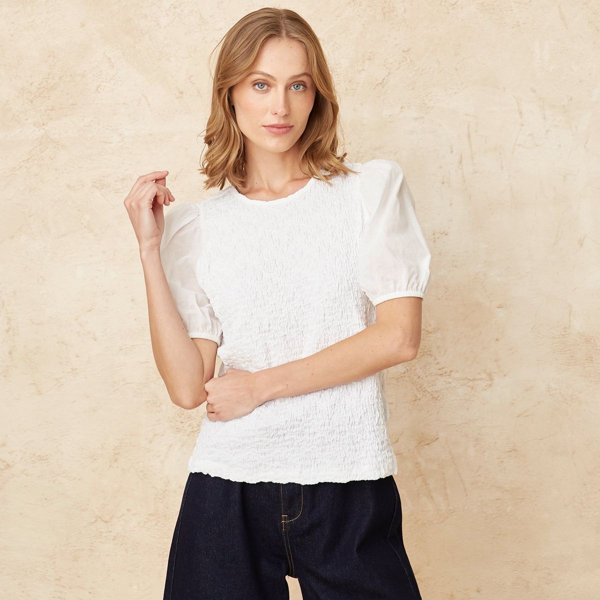 BASEMENT - Blusa Mujer Manga corta globo de Algodón Basement