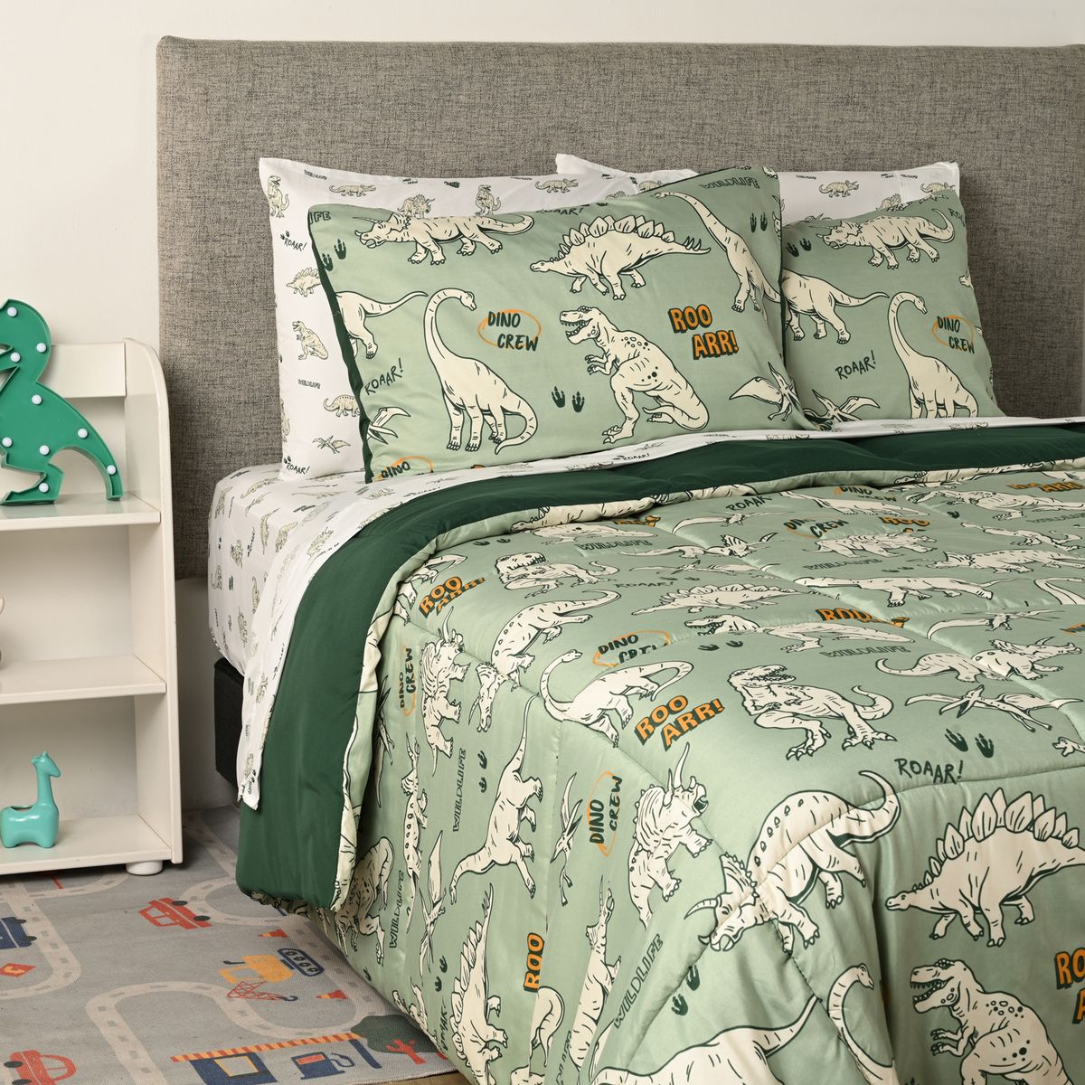 MICA KIDS - Juego de Cama Mica Kids: Dinosaurio 1 sábana bajera, 1 sábana encimera, 1 quilt, 2 fundas de almohada