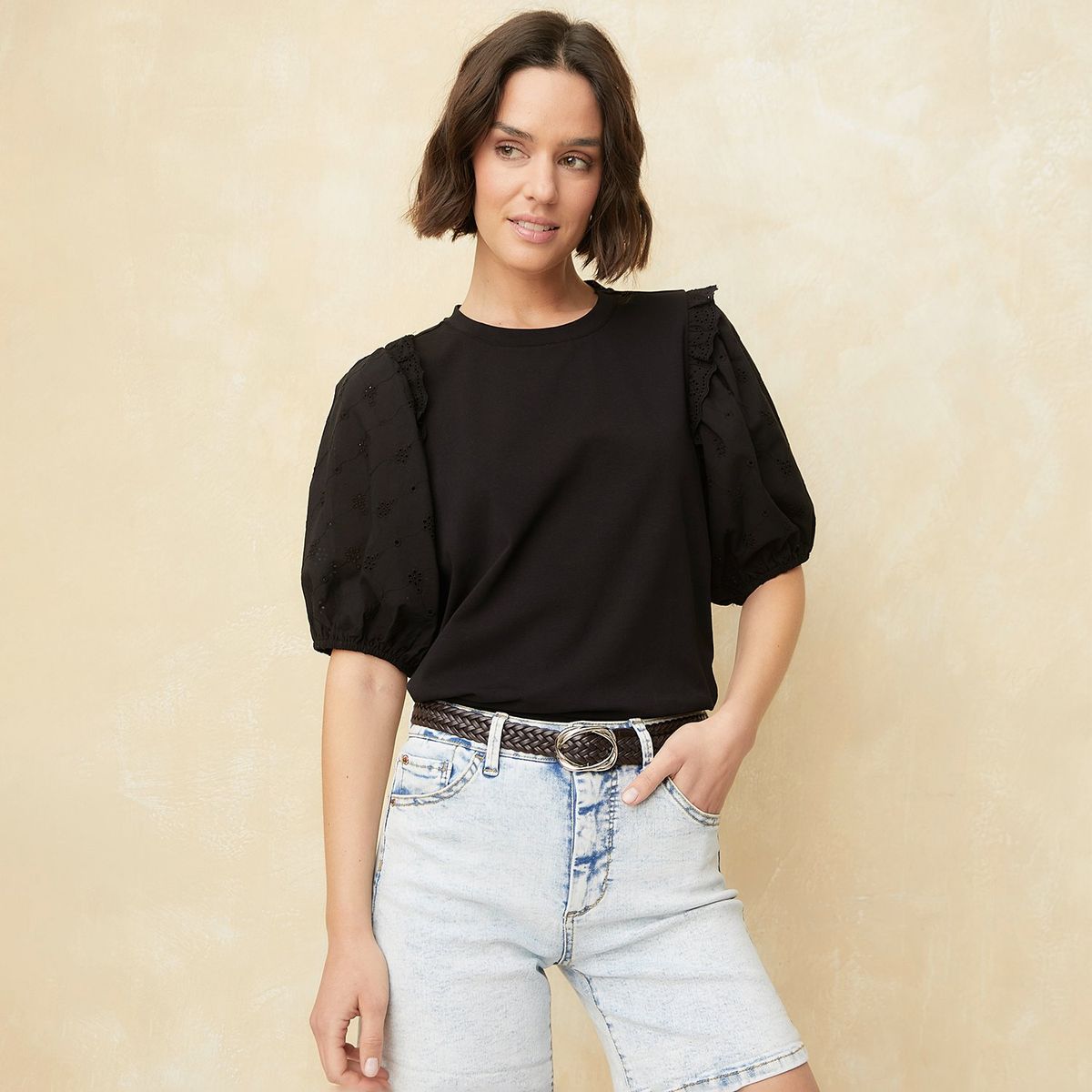 UNIVERSITY CLUB - Camiseta Mujer con Bordado Manga corta globo de Algodón University Club