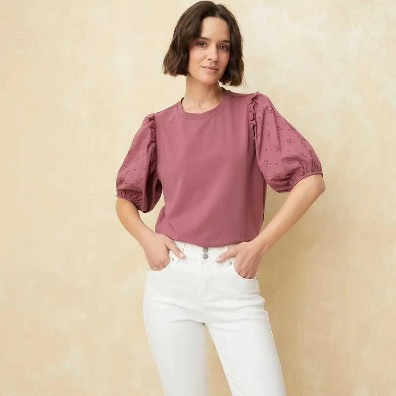 UNIVERSITY CLUB - Camiseta Mujer con Bordado Manga corta globo de Algodón University Club