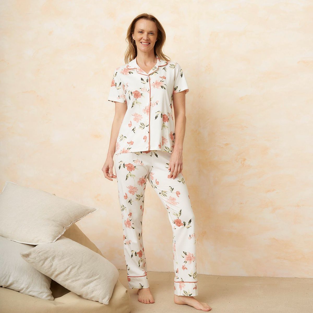 SOUTHLAND - Pijama completa con pantalón para Mujer Manga corta con Flores de Algodón Southland