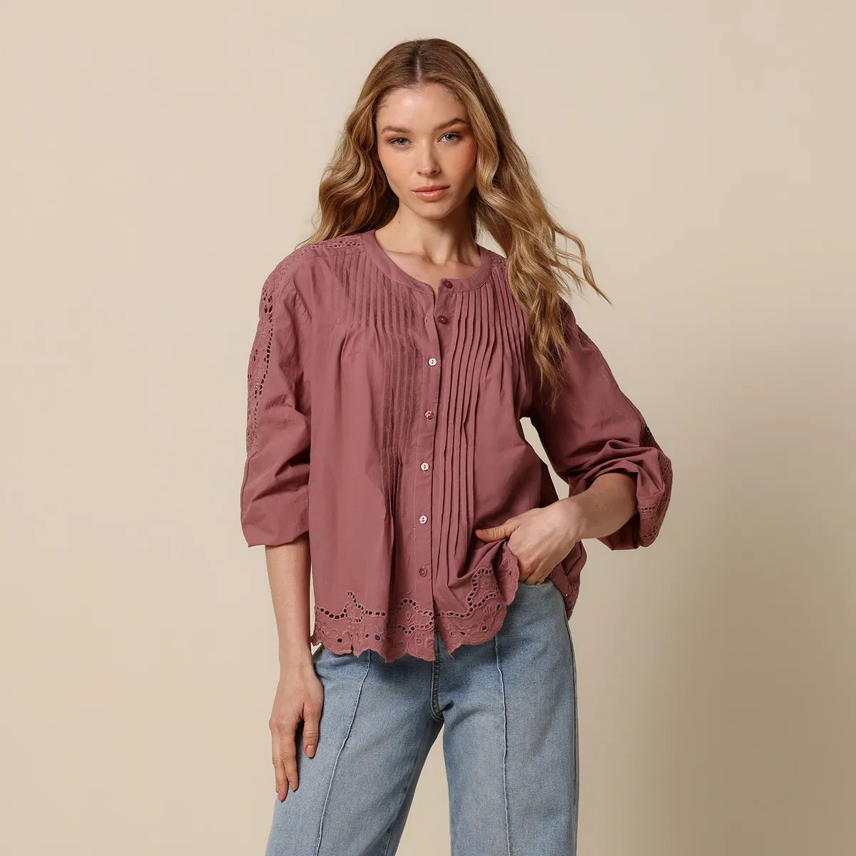 UNIVERSITY CLUB - Blusa Mujer con Bordado Manga 3/4 de Algodón University Club