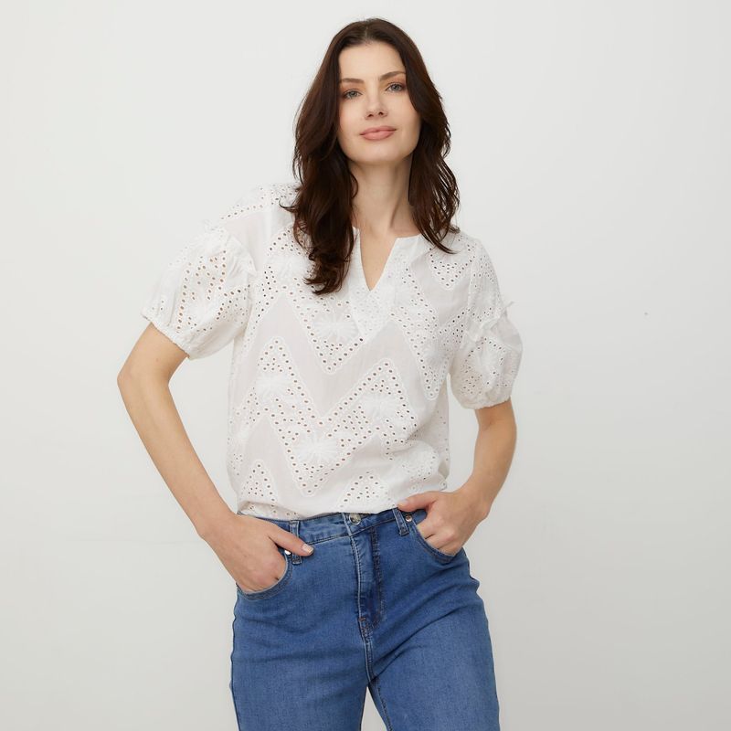 APOLOGY - Blusa Mujer con Ojalillo Manga corta de Algodón Apology