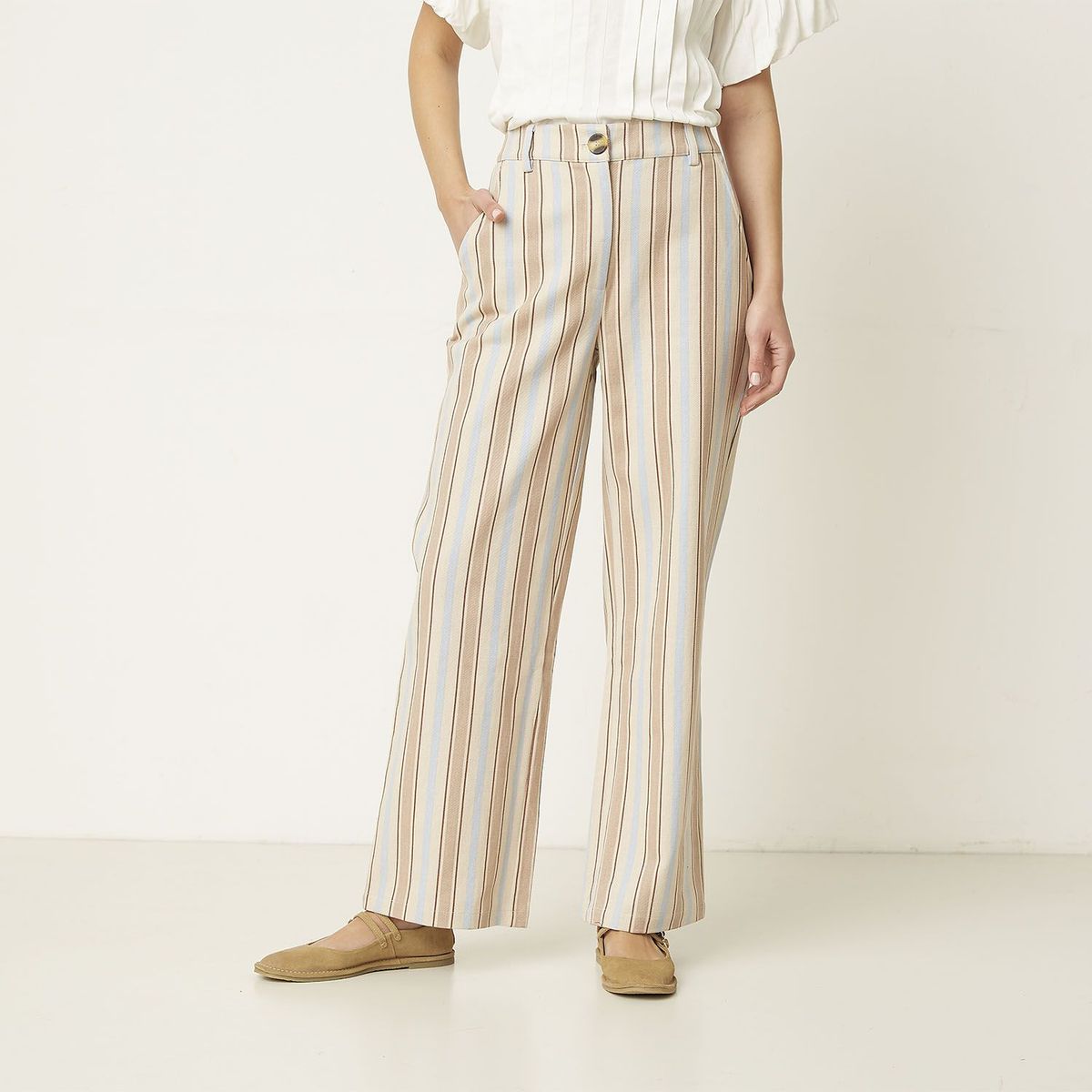 BASEMENT - Pantalón Recto Mujer Tiro alto de Rayas Basement