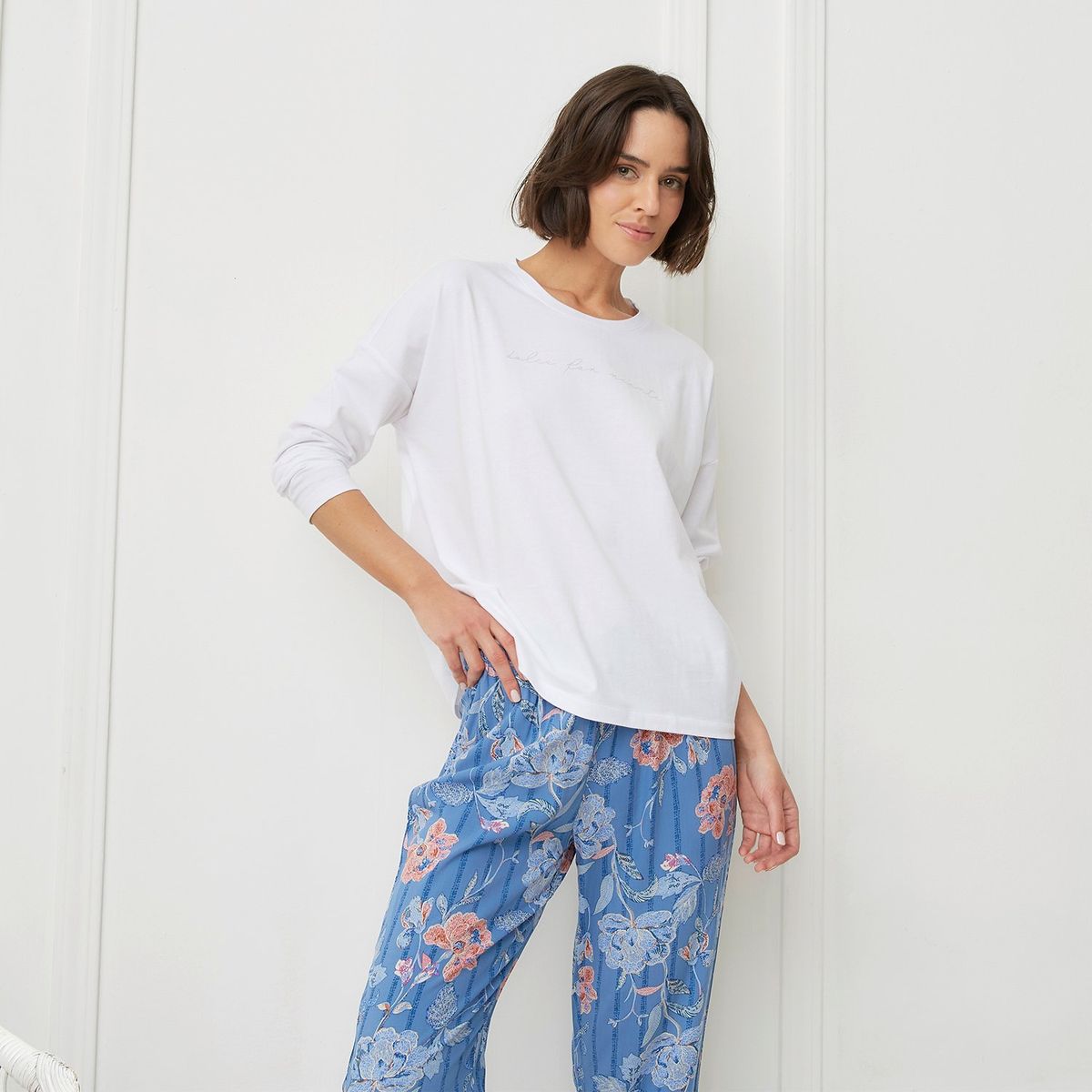 BLU - Camiseta de pijama para Mujer Manga larga de Algodón blu