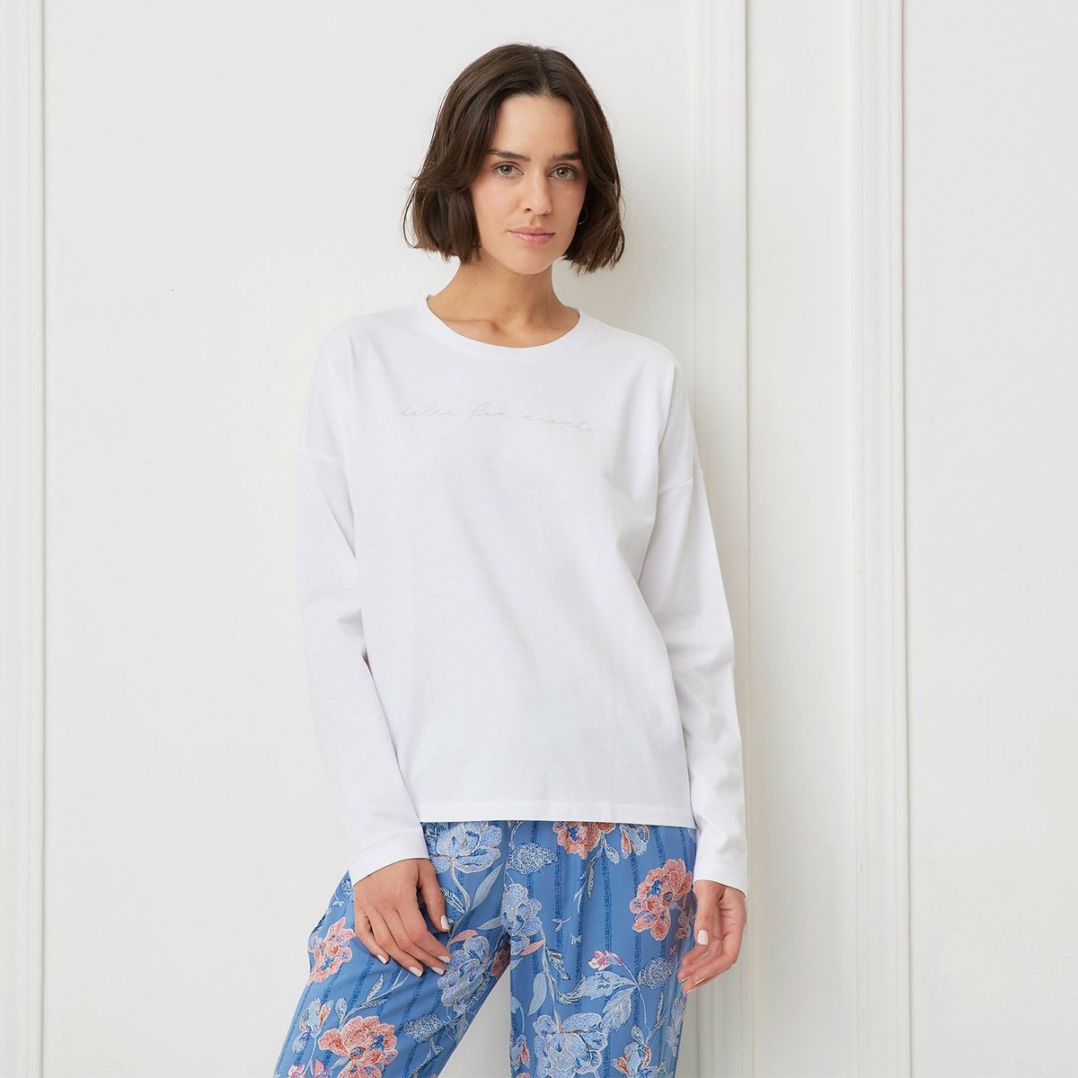 BLU - Camiseta de pijama para Mujer Manga larga de Algodón blu