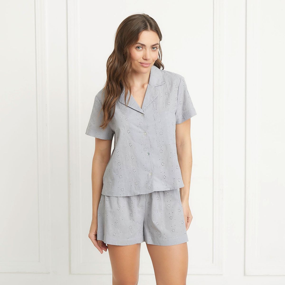 BLU - Pijama completa con short para Mujer Manga corta de Algodón blu