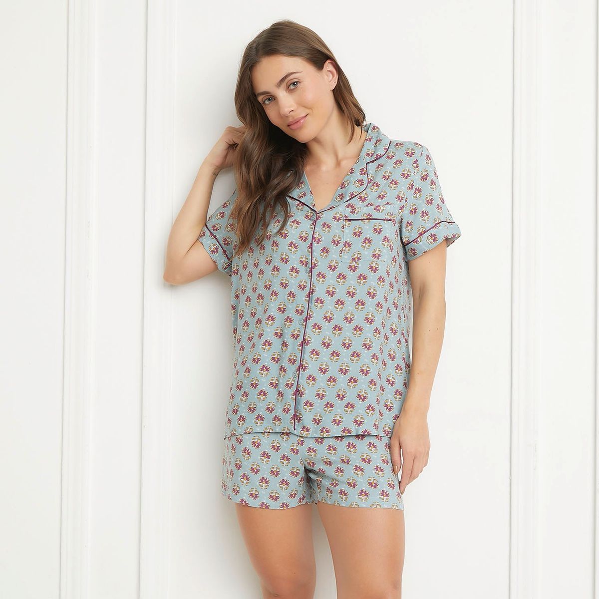 BLU - Pijama completa con short para Mujer Manga corta de Viscosa Blu