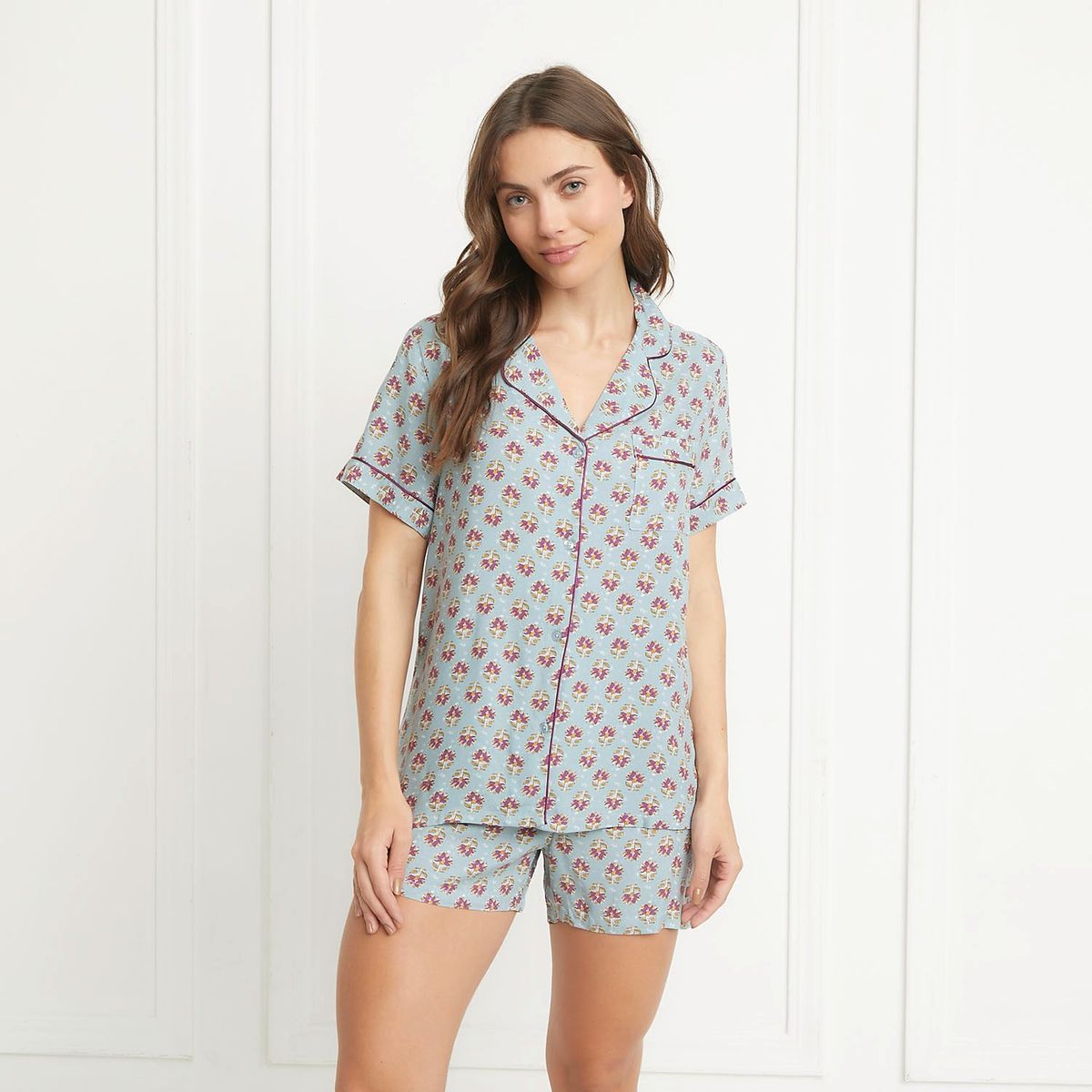 BLU - Pijama completa con short para Mujer Manga corta de Viscosa Blu