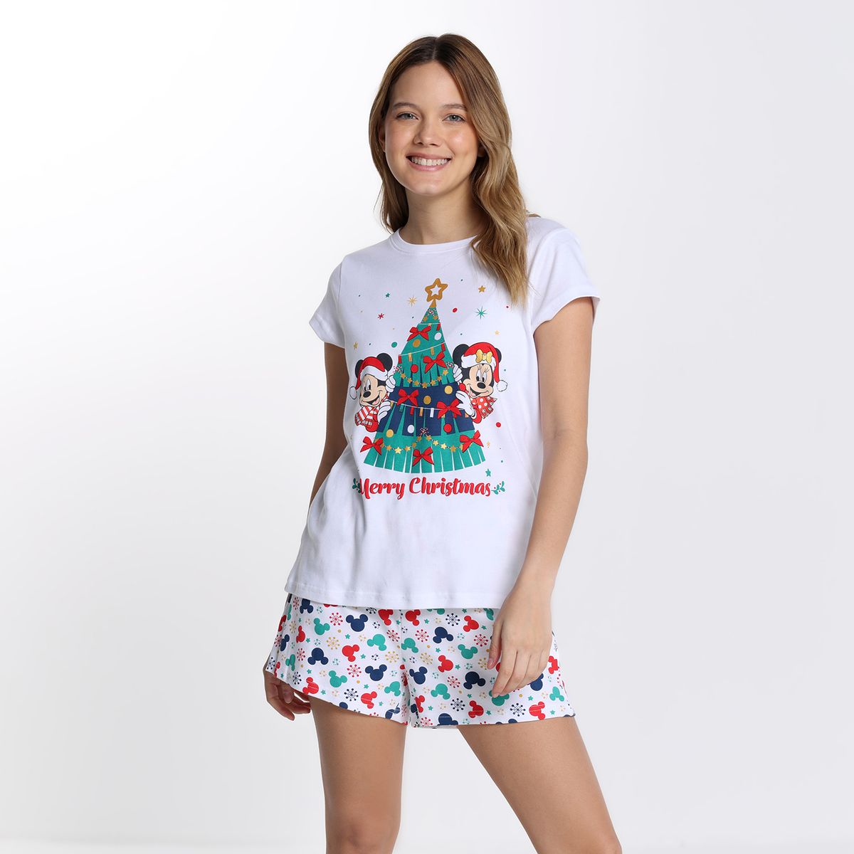 DISNEY - Pijama Navideña completa con short para Mujer Manga corta de Algodón Disney
