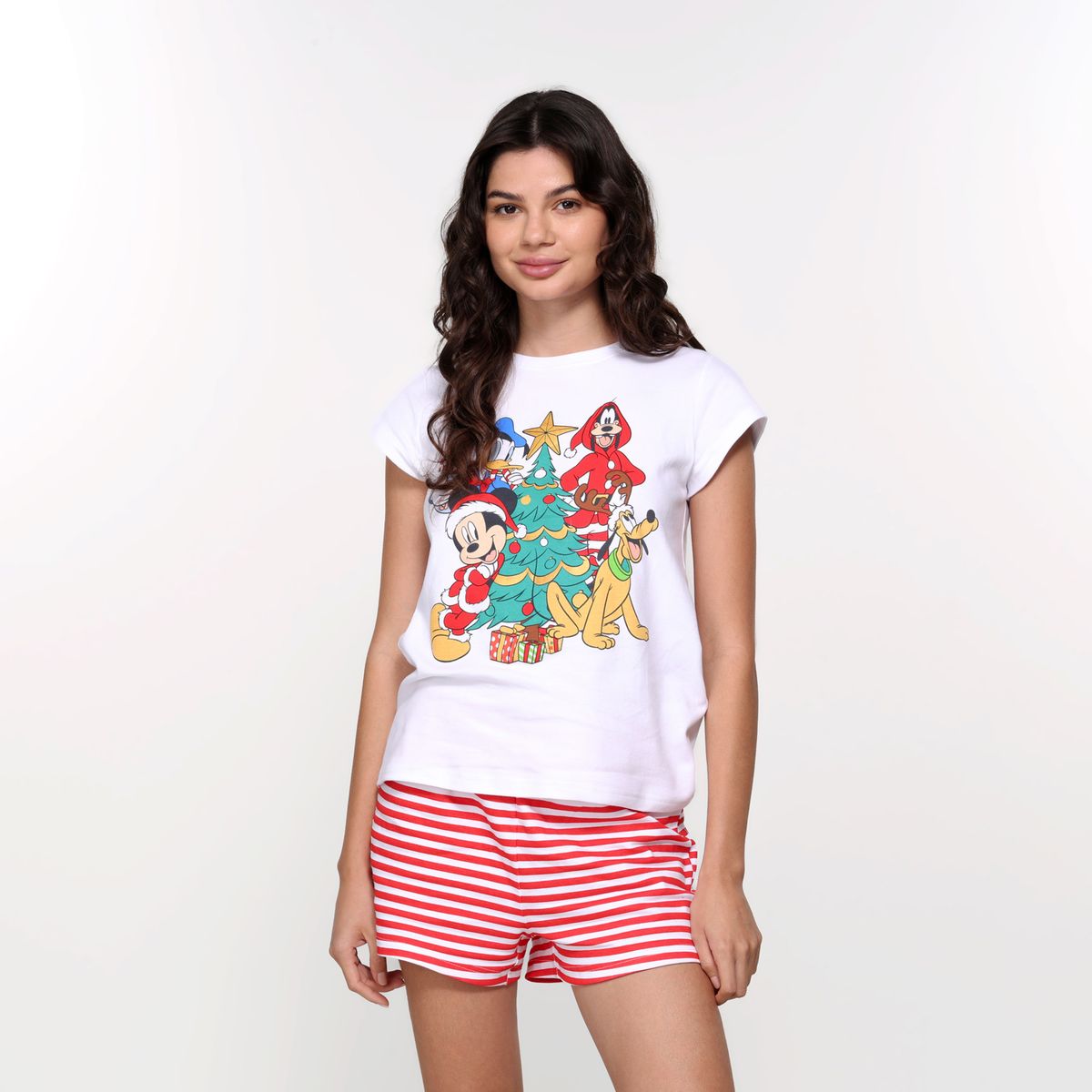 DISNEY - Pijama Navideña completa con short para Mujer Manga corta de Algodón Disney