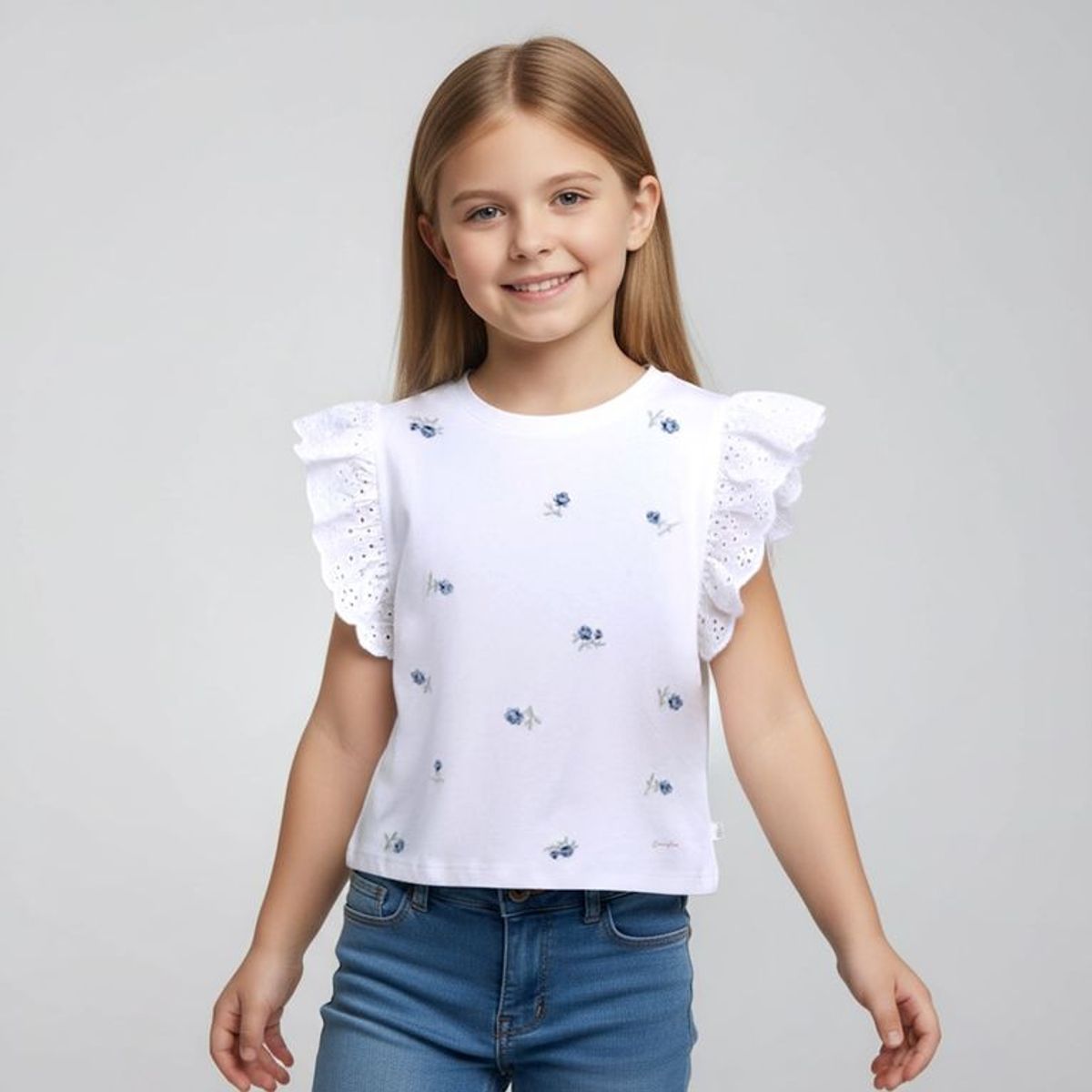 CONIGLIO - Camiseta para Niña con Ojalillo de Algodón Coniglio