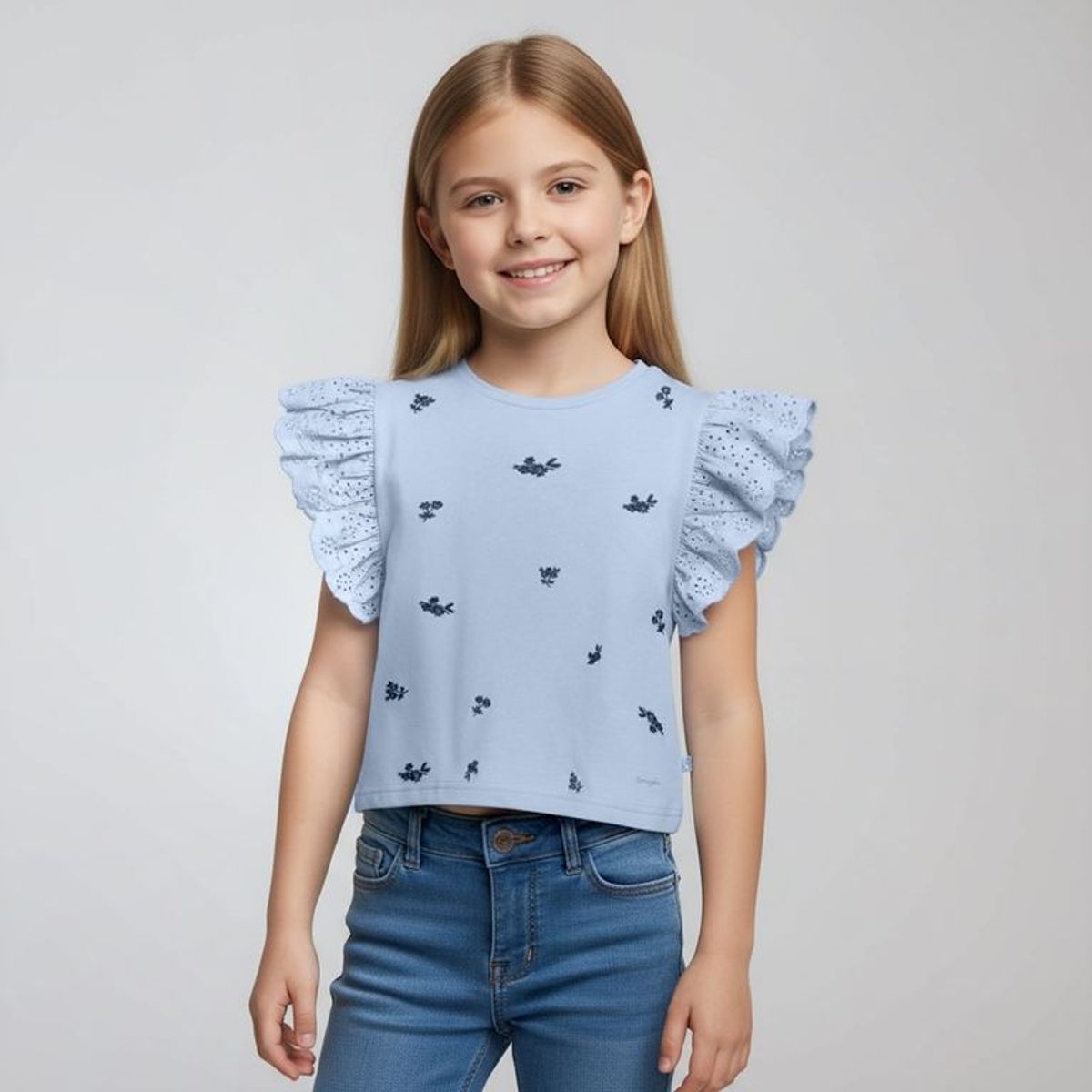 CONIGLIO - Camiseta para Niña con Ojalillo de Algodón Coniglio